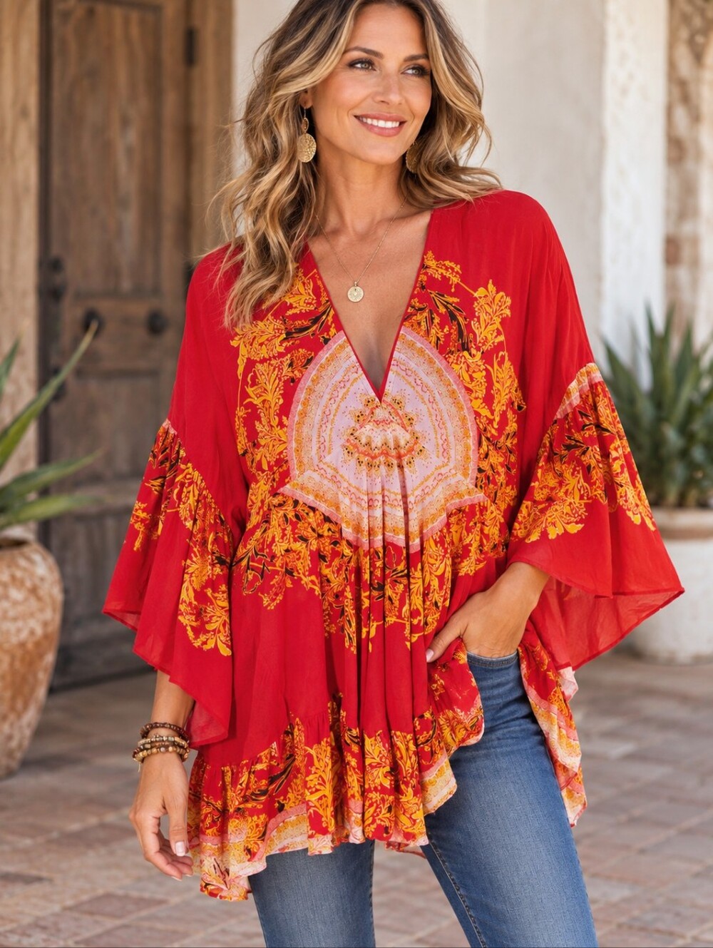 Free People NWT REDDISH ORANGE Boho Festival Flowy Shirt. Ladies Small